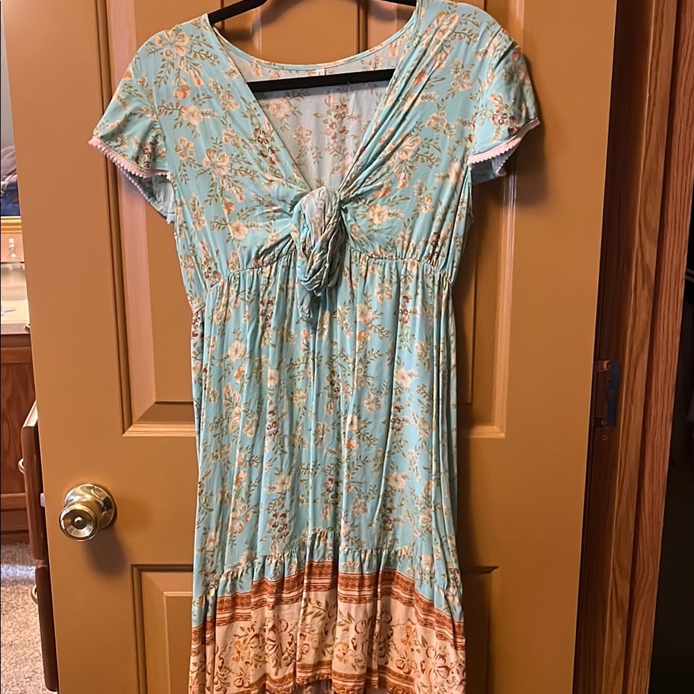 Floral Boho Dress in Blue and Cream